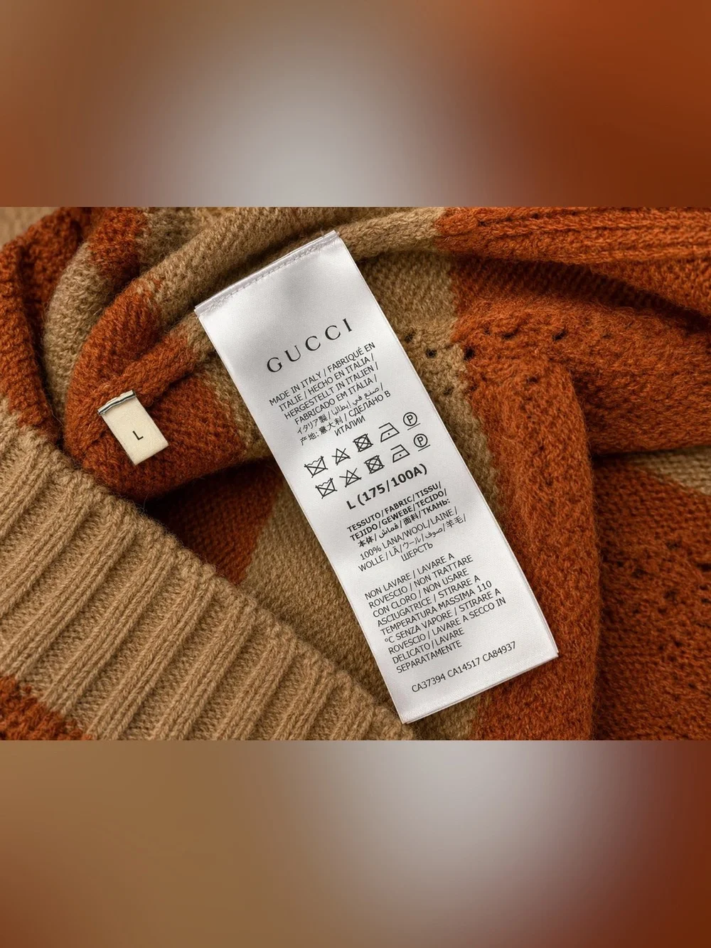 Authentic Gucci 100% Wool Striped Knit Sweater | Beige & Rust | Size L | Made in